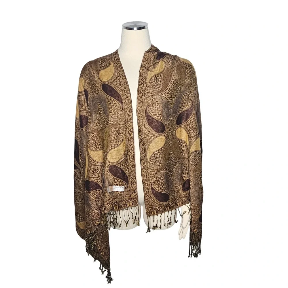 Pashmina Silk Blend Paisley Scarf Shawl Brown Gold Fringed Boho Wrap